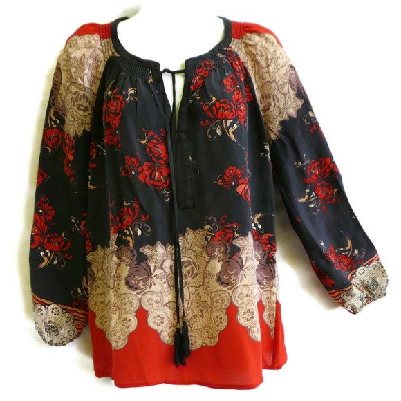 Anthropologie Tops - Silk Meadow Rue Boho Top Pure Silk Moroccan Keyhole Smocked Tassels XS